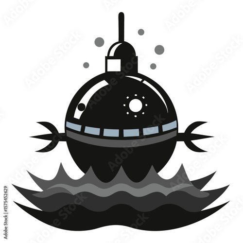 Black silhouette of a naval mine floating on water surface