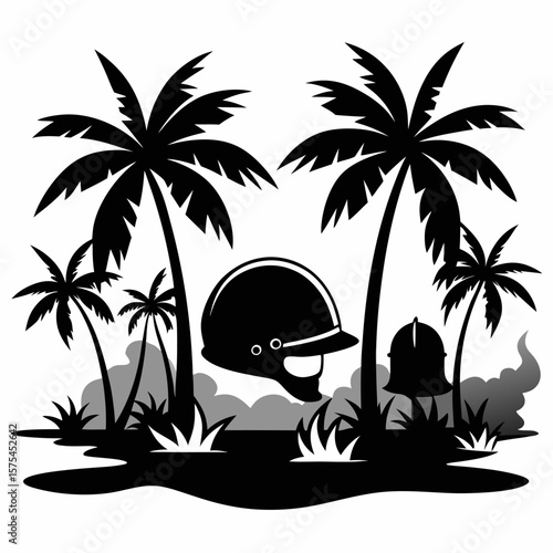Dramatic black and white illustration of a pacific island war zone with palm trees