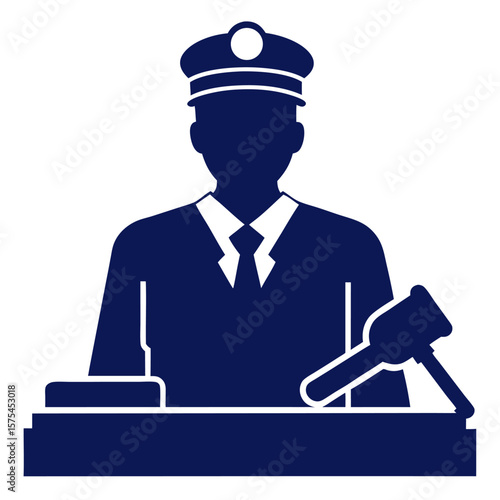Silhouette of a military tribunal judge holding a gavel in a courtroom setting