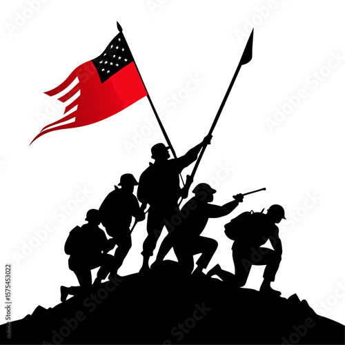 Silhouette of soldiers raising a flag reminiscent of the iwo jima iconic image