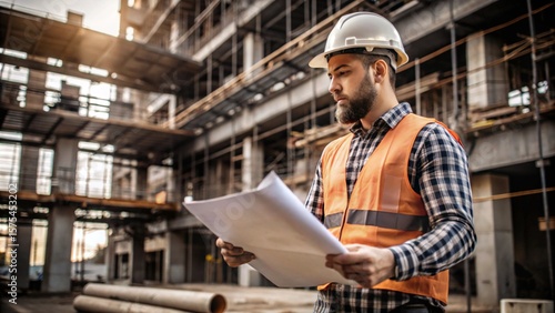 engineer with helmet, building in city on project.