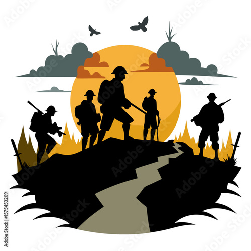 Silhouettes of soldiers in a trench warfare scene conveying conflict and history