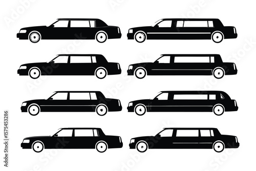 Limousine fleet: Silhouette of various limousine models against a clean backdrop, perfect for business travel and special events. Featuring black cars, this photo embodies luxury.
