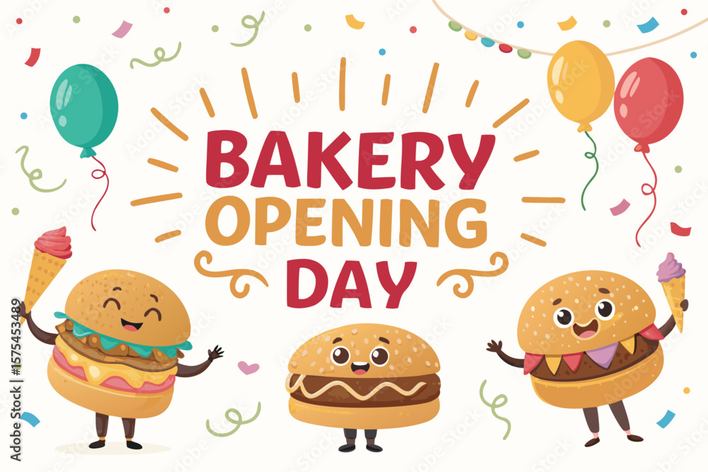 Naklejka premium Stunning Bakery Opening Day with Bun Mascots - Serene and Peaceful Visual Story Great for Editorial 