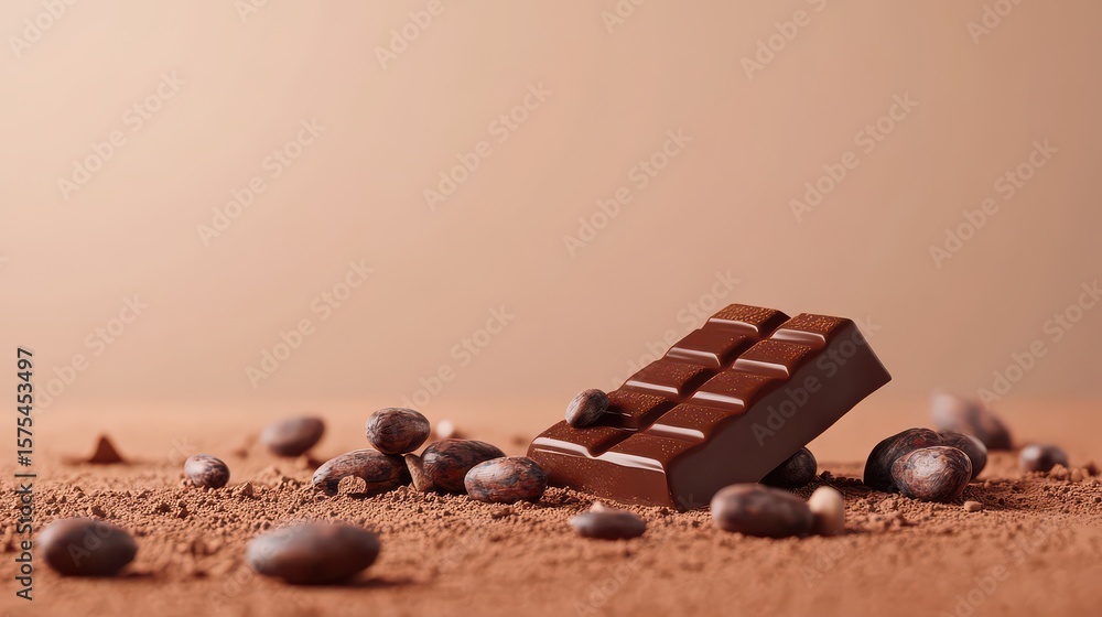 Fototapeta premium Dark Chocolate with Bar Cocoa Beans Powder Background Food.