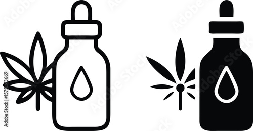 CBD Oil Dropper Icon with Cannabis Leaf – Black and White Vector Set