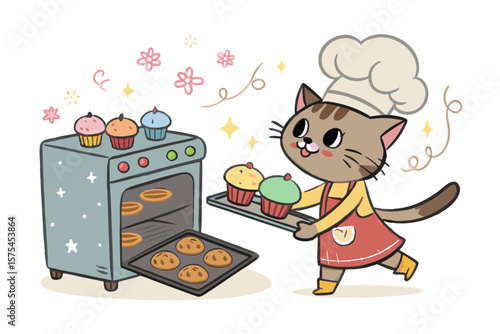 Splendid Baker Cat Sliding Tray Muffins Into - Clean and Minimalist Visual Story Suitable for Web De