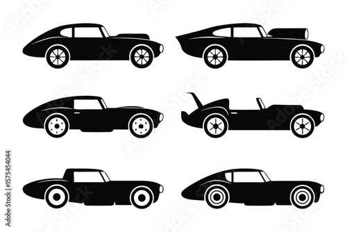 Classic Car Silhouettes: Six unique car silhouettes showcase iconic designs, rendered in sleek curves and bold shapes for vintage auto enthusiasts.