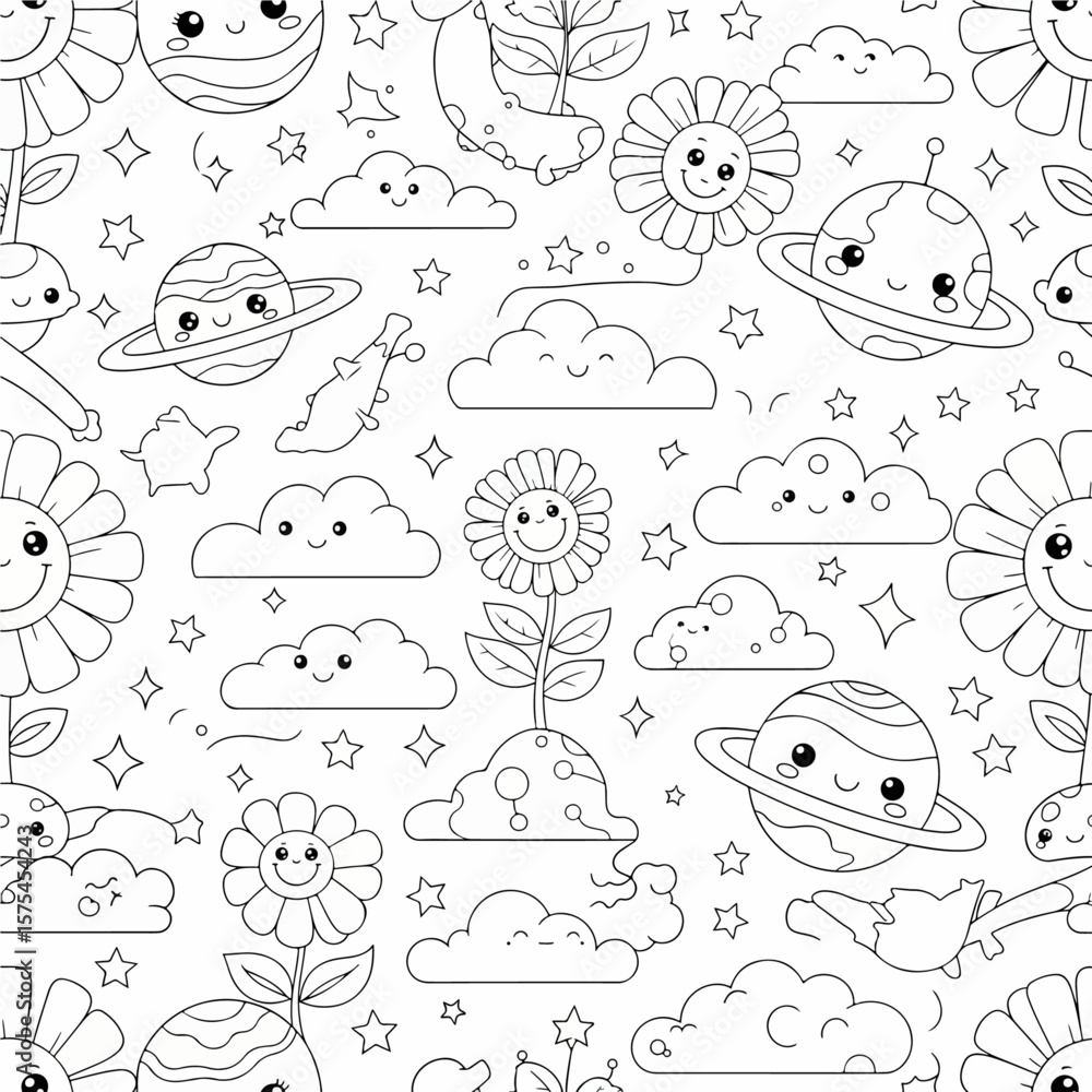 Obraz premium Adorable cartoon seamless pattern with smiling planets, stars, flowers, and clouds in a black and white outline style, great for kids.