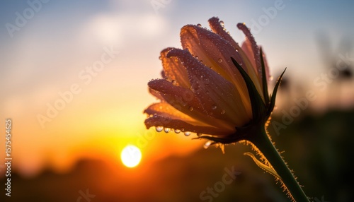 Dewy flower at sunset