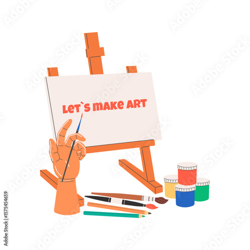 Set with art supplies. Paints, brushes, easel with canvas, pencils. Creative tools for an artist. Hobby, drawing. Flat vector illustration. Isolated.