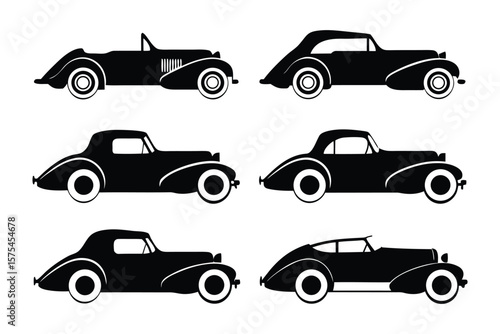 Vintage Car Silhouette Collection: A set of detailed, elegant, and classic car silhouettes, perfectly capturing the nostalgic charm of the golden age of automobiles.