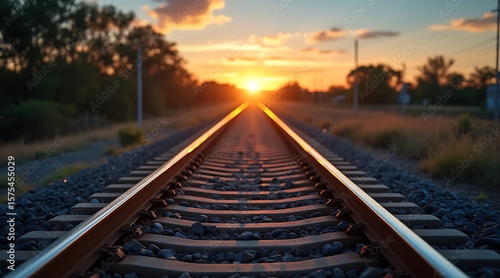Fototapeta premium Railroad tracks leading to a bright sunset with warm orange sky railway