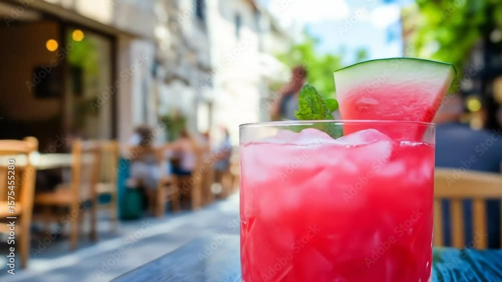A glass of vibrant pink watermelon drink sits on a wooden table, garnished with a watermelon slice and mint, in front of a blurred outdoor cafe scene. A glass of vibrant pink watermelon drink sits on a wooden table, garnished with a watermelon slice and mint, in front of a blurred outdoor cafe scene.
