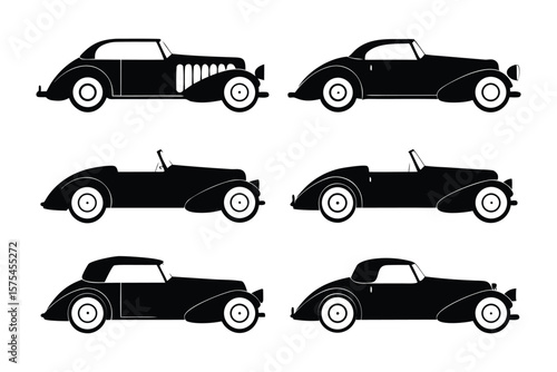 Classic Car Collection: A stylish collection of classic car silhouettes, showcasing various vintage car body styles in sleek black against a white background.  