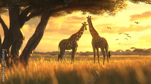Pair of giraffes captured in warm savanna high resolution picture