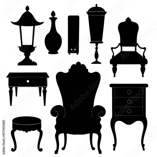Antique furniture silhouettes ornate chairs and tables vector