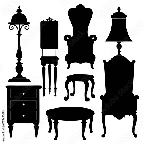 Antique furniture silhouettes ornate chairs tables lamps nightstand vector