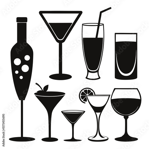 Assorted beverage glasses and bottle silhouettes cocktail glasses wine glass