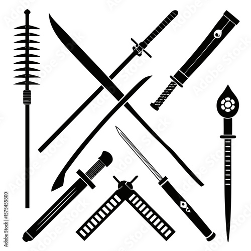 Assortment of Black Silhouetted Martial Arts Weapons samurai sword katana