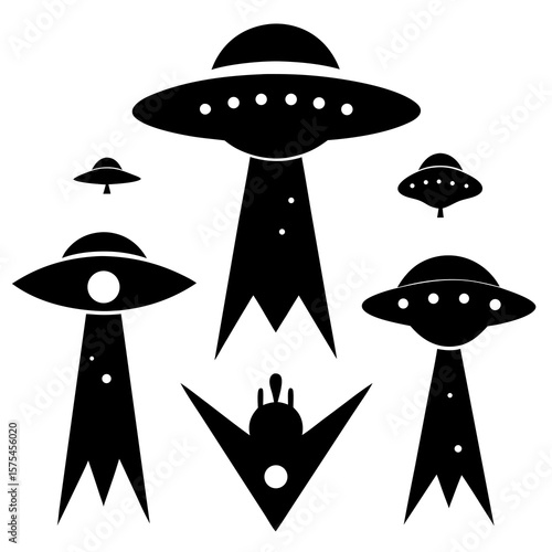 Black alien spacecraft silhouettes with light beams flying saucer science fiction