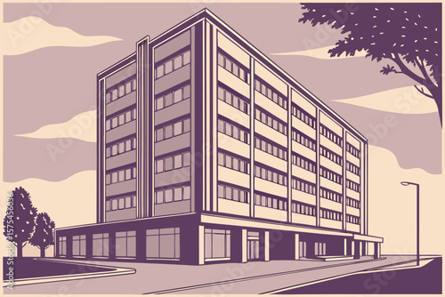 Illustration of a large building with many windows and trees under a cloudy sky in a vintage style