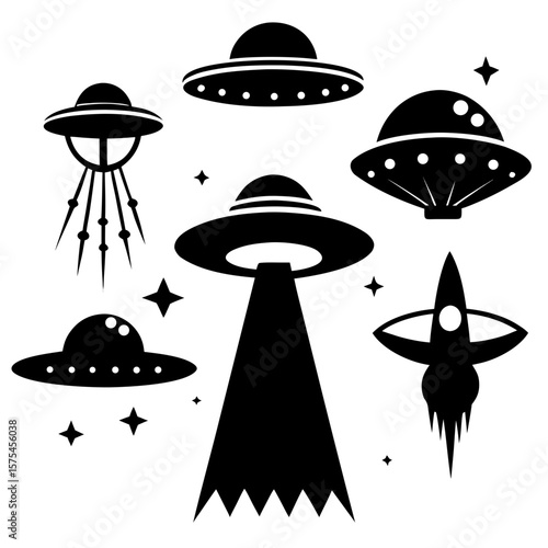 Black alien spacecraft silhouettes with stars spaceship flying saucer