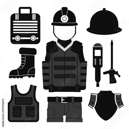 Black and grey tactical gear and equipment collection police equipment army gear