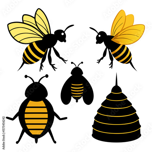Black and yellow bees and hive silhouettes honey bee insect