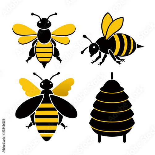 Black and yellow bees and beehive silhouettes honey bee insect