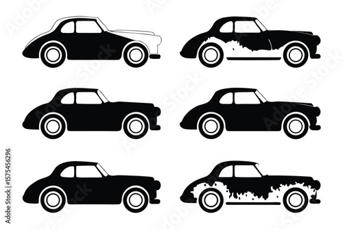 Classic Car Restoration Stages: Before & After comparison of classic car restoration.  A set of six illustrations showing the different stages of a classic car restoration.