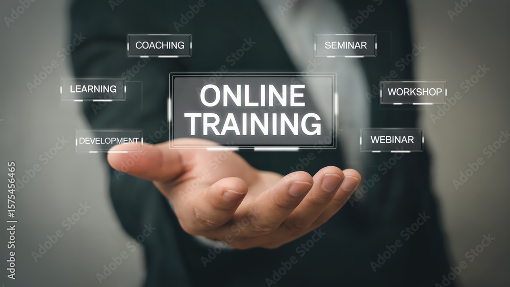 Naklejka premium Online training solutions presented on a hand, offering coaching and development programs.
