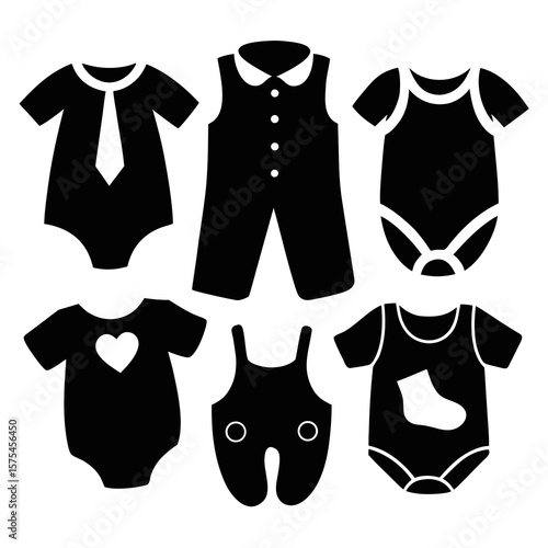 Black baby clothing silhouettes including rompers and overalls baby clothes onesie
