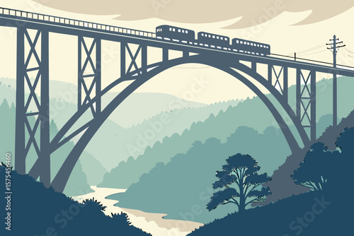 Train crossing a large arched bridge over a river valley with forested hills in the background landscape