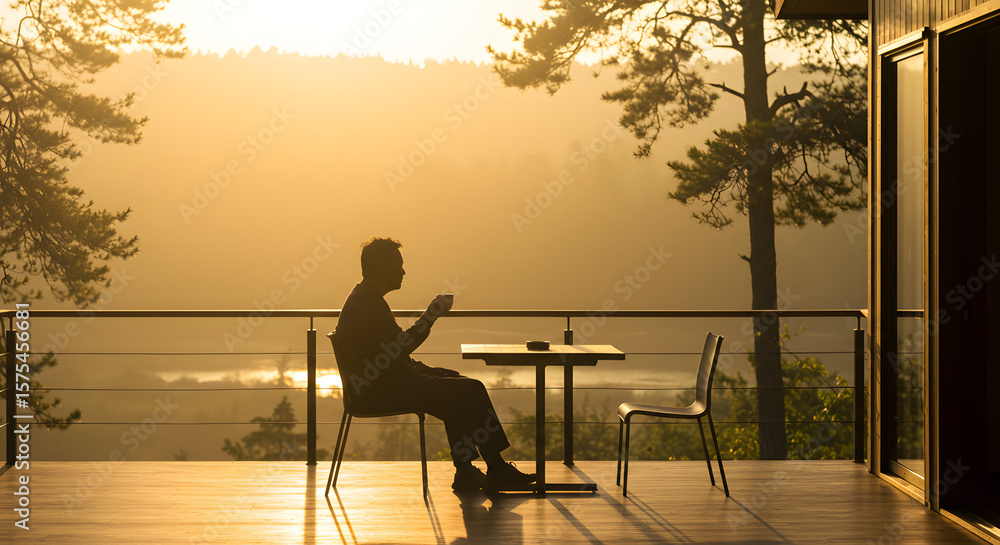 Obraz premium Serene Sunrise Coffee Moment on a Balcony with Scenic Horizon View