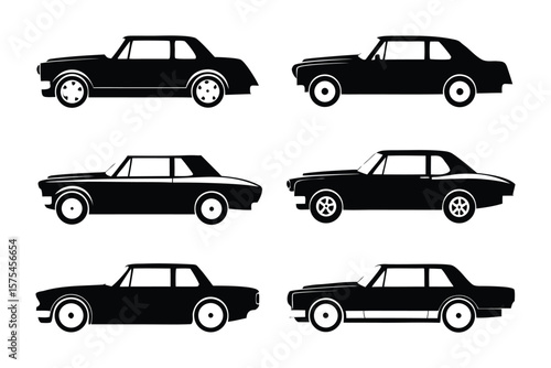 Silhouette Classic Car: Six Silhouette black coupe cars on white.