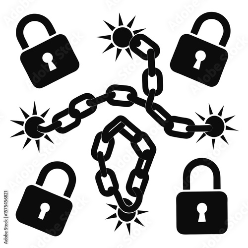 Black chain links and locks with spiky suns padlock