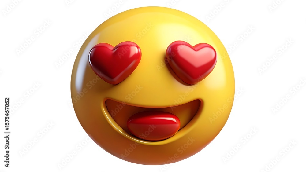 Fototapeta premium Happy yellow emoji with red heart eyes and open mouth showing tongue