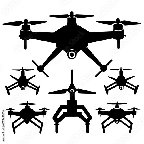 Black drone silhouettes various angles quadcopter aerial