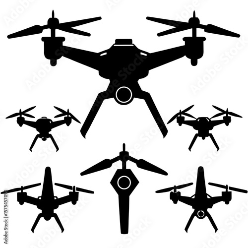 Black drone silhouettes in various aerial views quadcopter technology