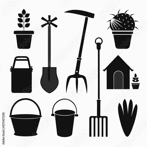 Black farm tools and plants collection sickle