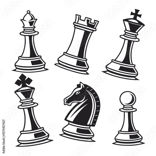 Black and white chess pieces king queen rook knight pawn