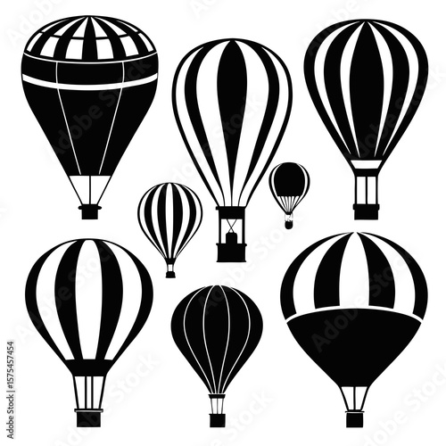 Black hot air balloon silhouettes with striped patterns white