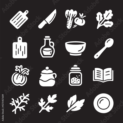 White kitchenware and food ingredients on black background set of icon