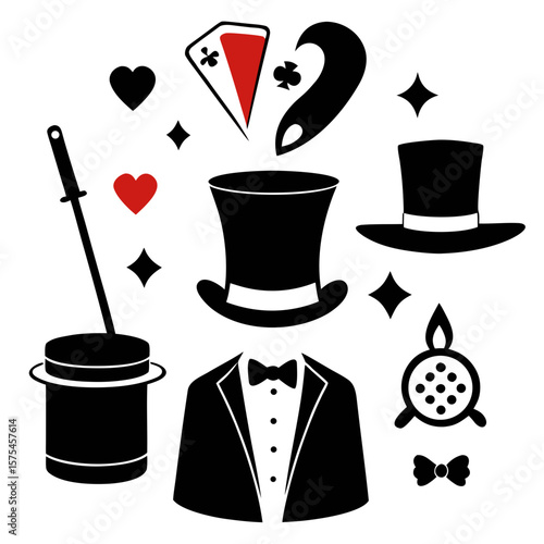Black magician attire and props collection top hat wand