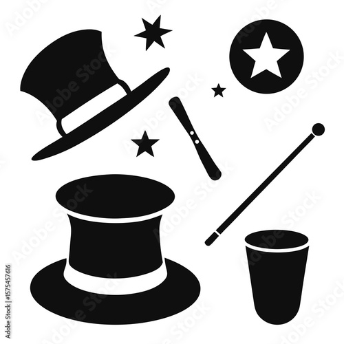 Black magician hat wand and stars icons illusion