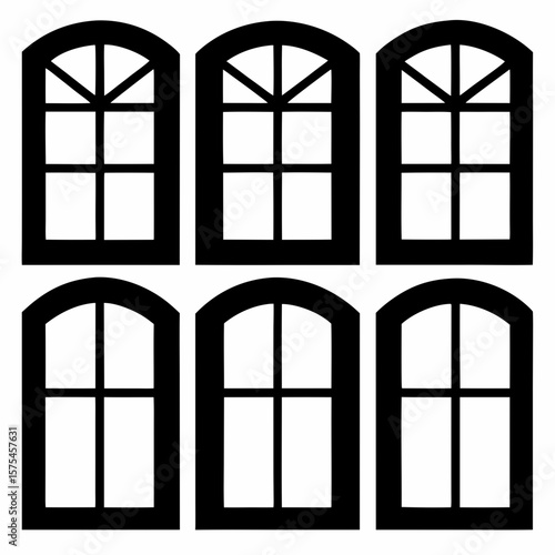 Black arched window frames with grid patterns silhouette