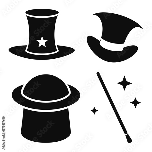 Black magician hats and wand with stars top hat wizard hat