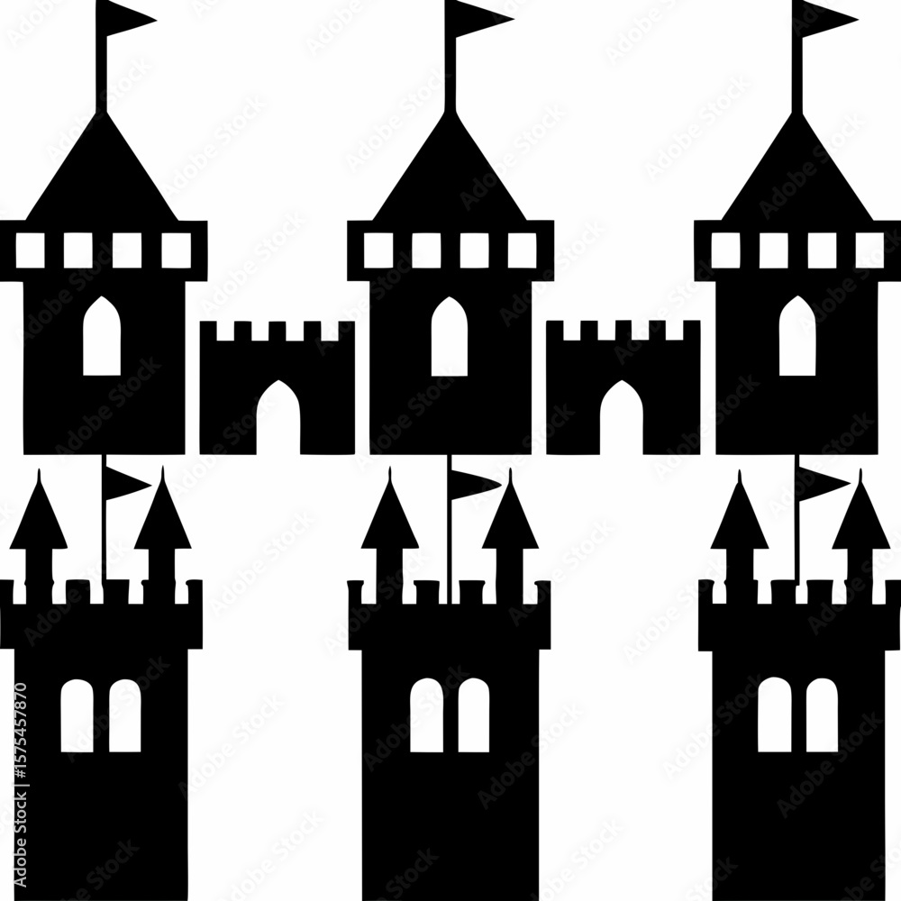 Fototapeta premium Black medieval castle towers with flags and crenellations fortress architecture