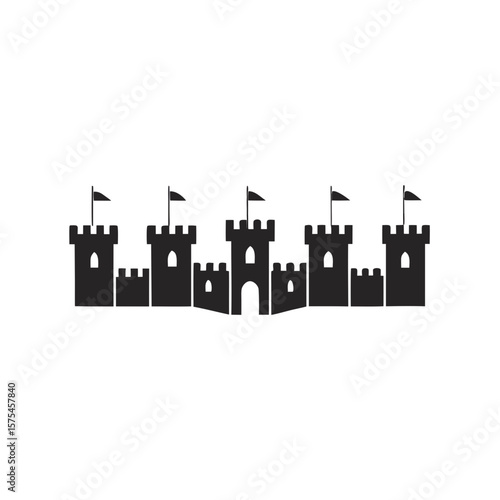 Black medieval castle towers with flags fortress battlements